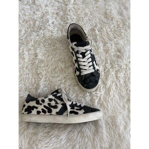Animal Print Sneakers, Black White Cow Hide Leather Upper, Fun‎ Casual Shoes